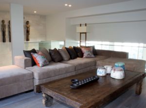 Sofa set and wooden table with wooden pots