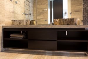 Wooden style sink on wooden cupboard